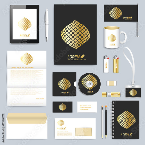 Set of vector corporate identity template. Modern business stationery mock-up. Black branding design. Gold shape