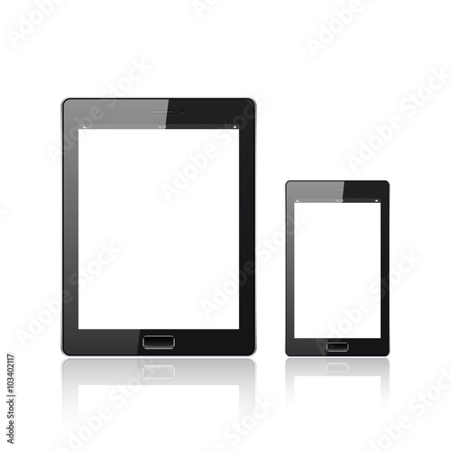 Modern digital tablet PC with mobile smartphone isolated  on the white. Molecule and communication background. Vector Illustration