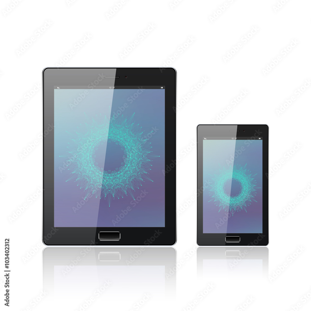 Modern digital tablet PC with mobile smartphone isolated on the white. Molecule and communication background. Vector Illustration Modern digital tablet PC with mobile smartphone isolated on the white. Molecule and communication background. Vector Illustration