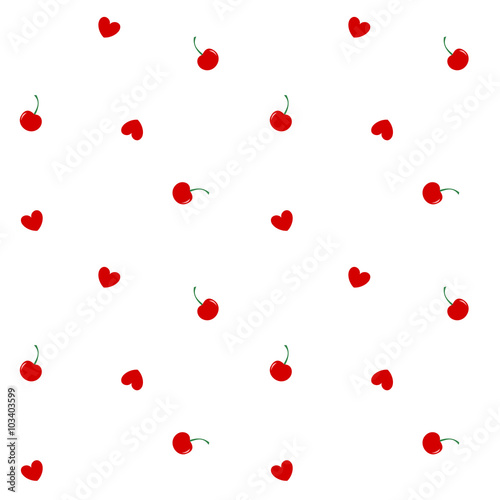 cute red cherry and heart seamless vector pattern background illustration