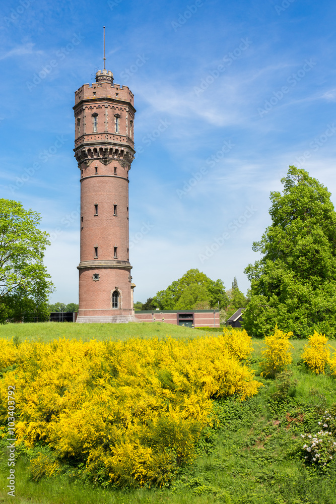Dutch stone water tower with blooming yellow flowers