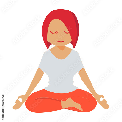 Red-haired girl meditates in the pose lotus