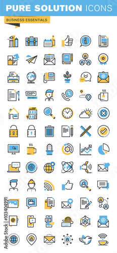 Set of thin line flat design icons of business essentials. Icons for websites, mobile websites and apps, easy to use and highly customizable.