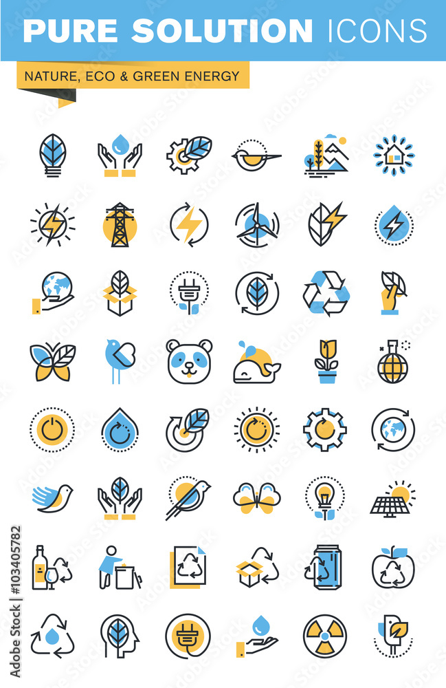 Set of thin line flat design icons of nature, eco and green energy ...