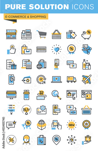 Set of thin line flat design icons of e-commerce and shopping. Icons for websites, mobile websites and apps, easy to use and highly customizable.