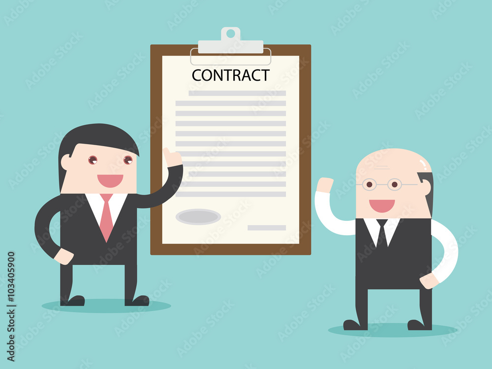 Executive talking about sign contract to businessman. Flat design for business financial marketing banking advertising web concept cartoon illustration. Executive talking about sign contract to businessman. Flat design for business financial marketing banking advertising web concept cartoon illustration.
