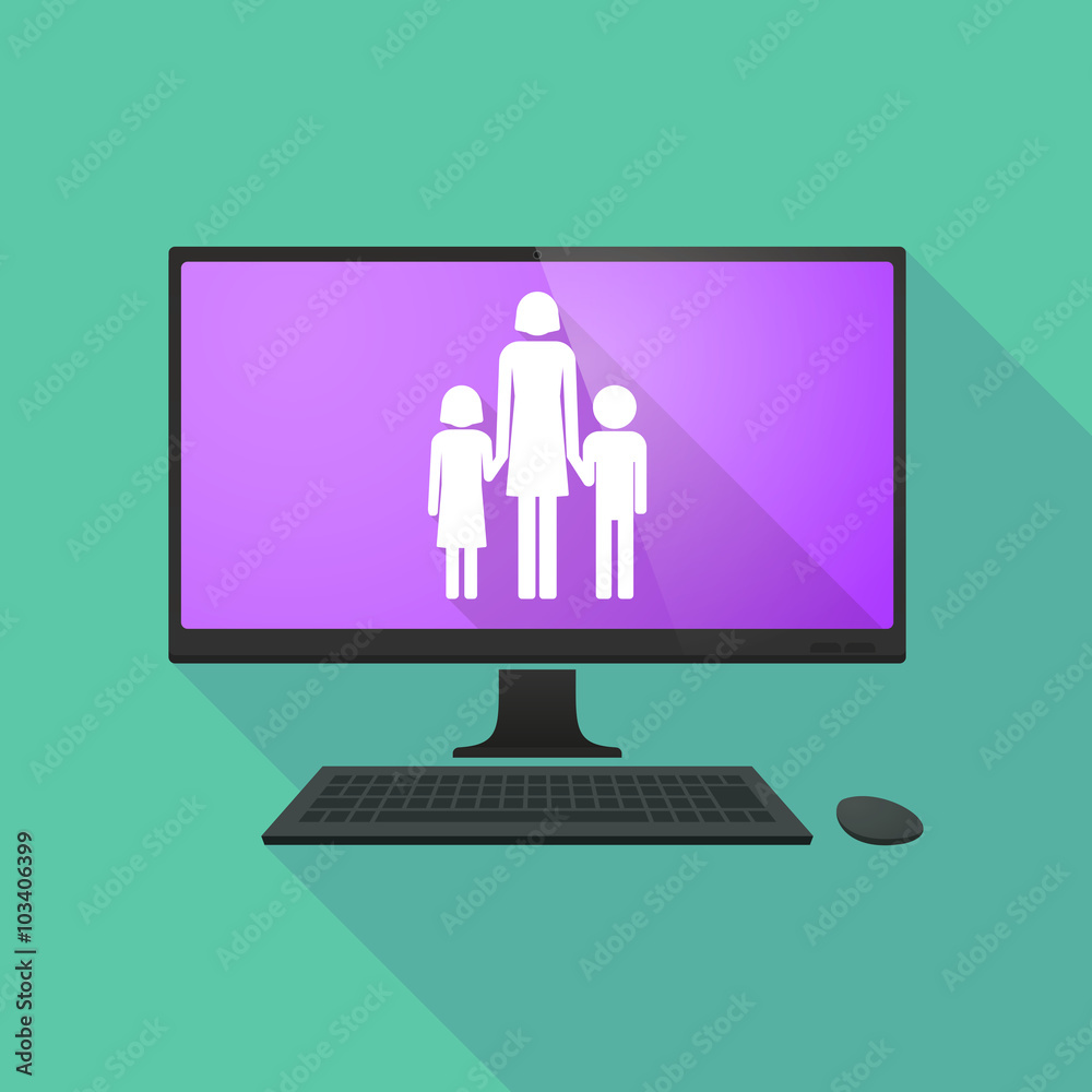 Personal computer with a female single parent family pictogram Personal computer with a female single parent family pictogram