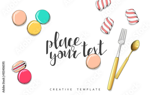 Macaroon and marshmallow in sketch. Conceptual background template for presentations. Realistic outline items. Spoon and  fork. Sweets on table. Presentation Text. Set of objects in sketch