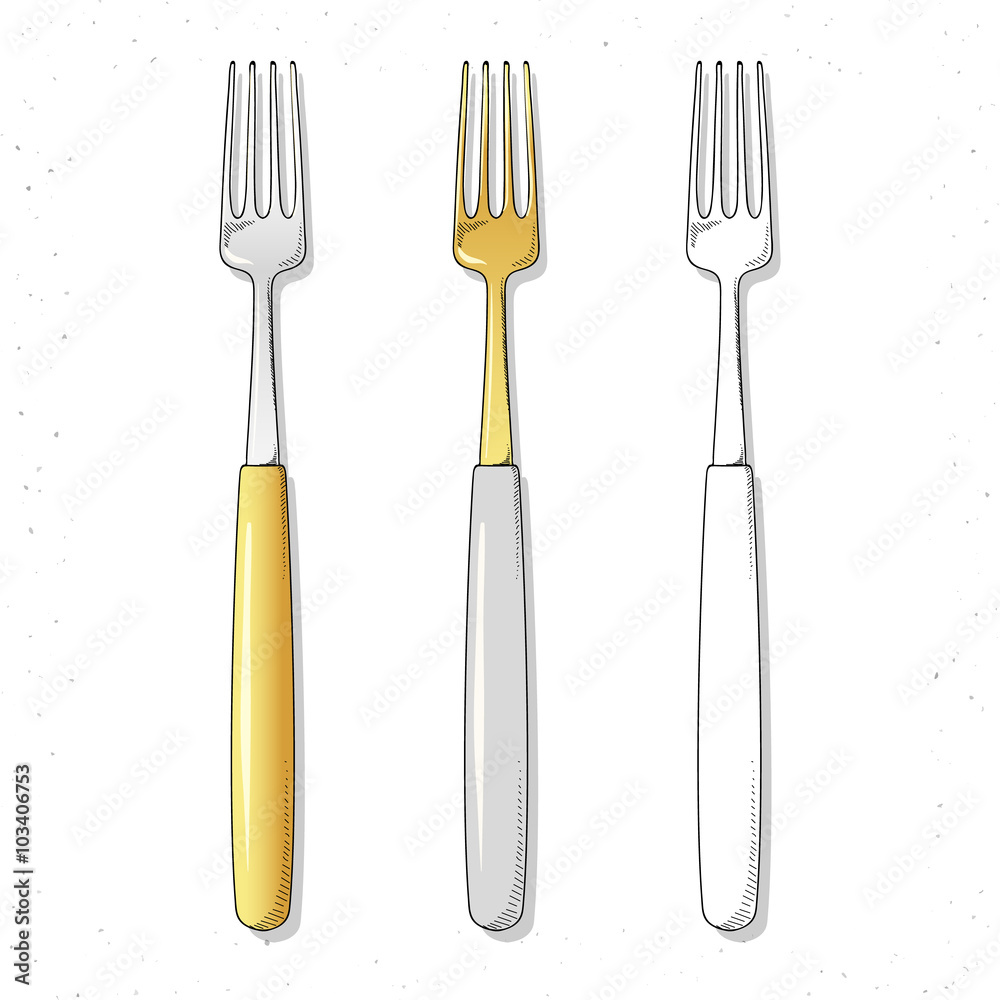 Set realistic sketch forks . Fork to create a design . Cutlery. Plugs handmade design. Gold and silver forks . Bright set of forks in sketch style . Set realistic sketch forks . Fork to create a design . Cutlery. Plugs handmade design. Gold and silver forks . Bright set of forks in sketch style .