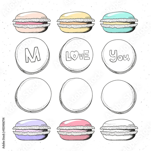 Set realistic sketch macaroon. Sweets for design. Confectionery. Sweets handmade to create a design. Sweets for children. Bright macaroon set in sketch style.