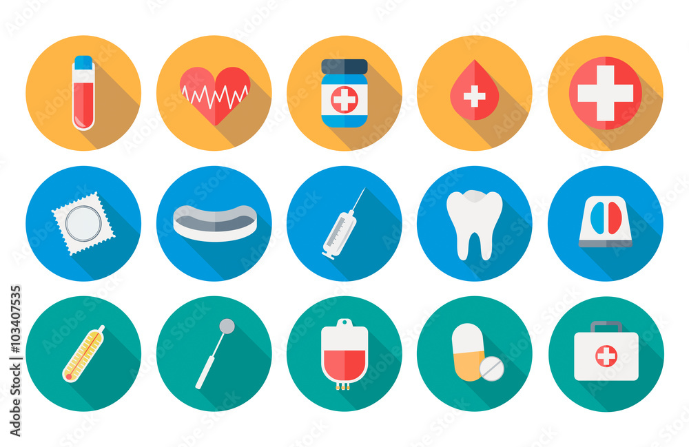 Medicine icons set in flat design with long shadow illustration Medicine icons set in flat design with long shadow illustration