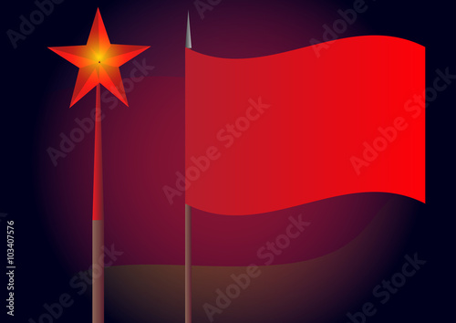 Красный флаг и красная звезда на темном фоне photo