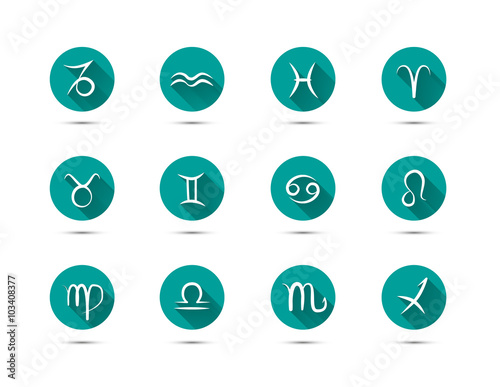Set of zodiac flat icons with long shadow on green background photo