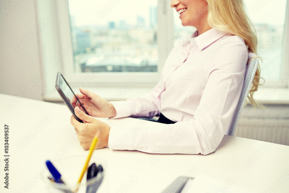 smiling business woman or student with tablet pc smiling business woman or student with tablet pc