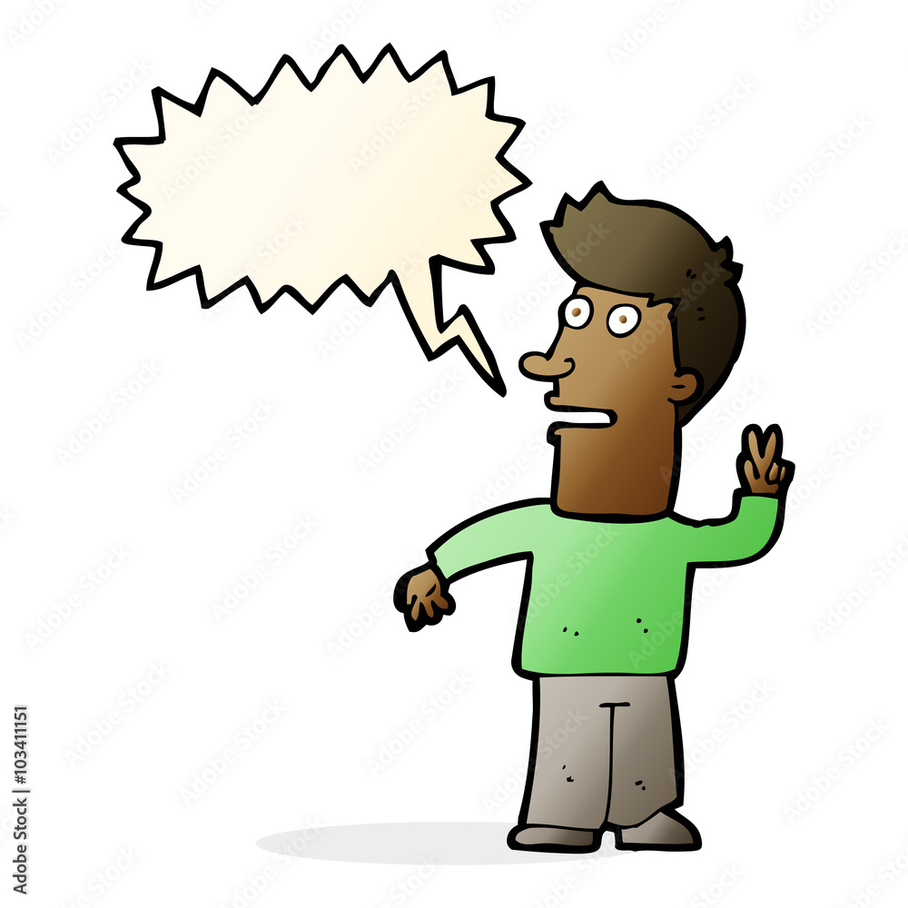 cartoon man making peace sign with speech bubble cartoon man making peace sign with speech bubble