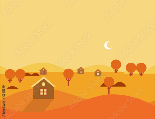 Orange Seamless Cartoon Nature Landscape, Vector Illustration