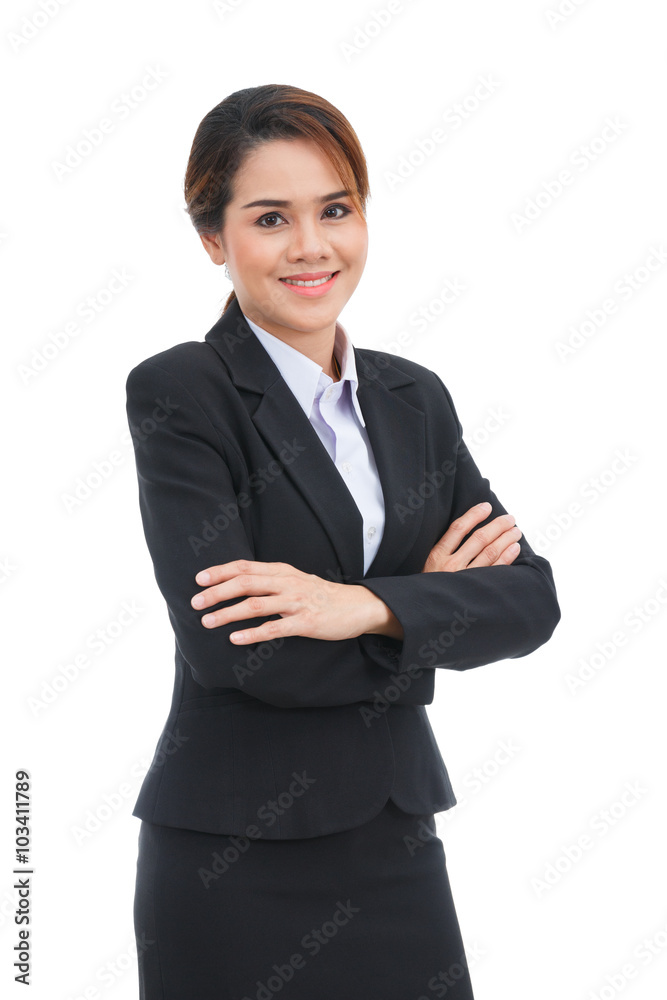 Asian business woman with arms folded smiling isolated on white Asian business woman with arms folded smiling isolated on white