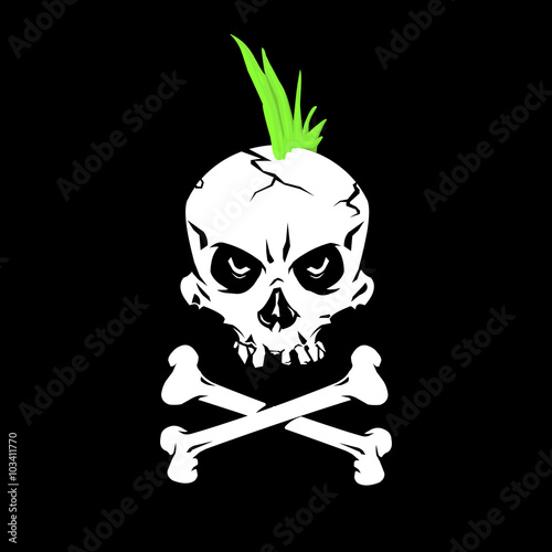 A vector illustration of a Punk Rock Skull.
Human skill with crossbones and a green mohawk for Punk Music.