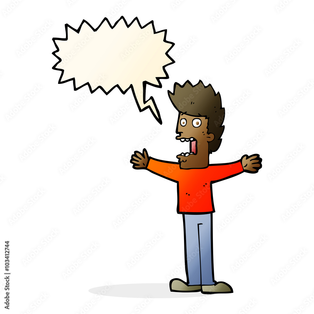 cartoon terrified man with speech bubble