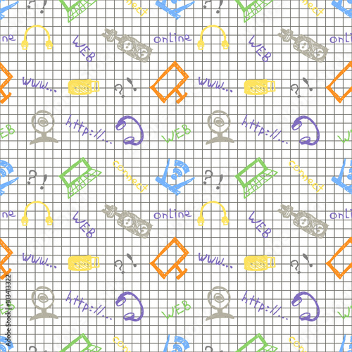 Seamless vector pattern, background monitor, notebook, router, usb and microphone on the checkered backdrop. Hand sketch drawing.  Series of Hand Drawn and Technology Patterns.