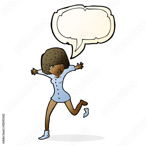 cartoon woman kicking off sock with speech bubble
