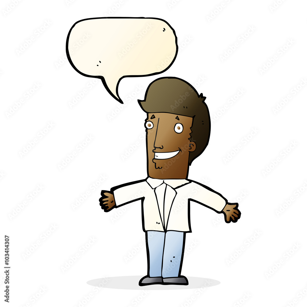 cartoon grining man with open arms with speech bubble cartoon grining man with open arms with speech bubble