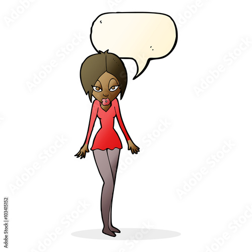 cartoon woman in short dress with speech bubble