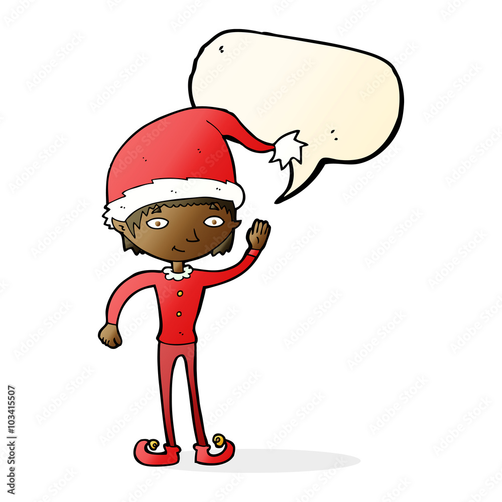 cartoon waving christmas elf with speech bubble cartoon waving christmas elf with speech bubble