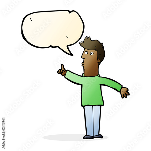 cartoon man advising caution with speech bubble