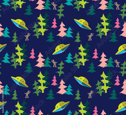 UFO in the woods vector seamless pattern © okoshevarova