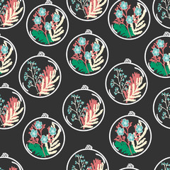 Handdoek met foto Terrariumplanten patronen Seamless pattern with hand drawn floral terrariums. Plant pendant with dried flowers, moss and berries. Colorful vector illustration  © monstreh