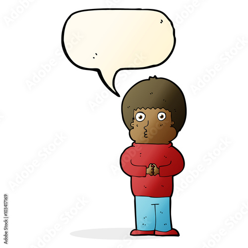cartoon shy boy with speech bubble