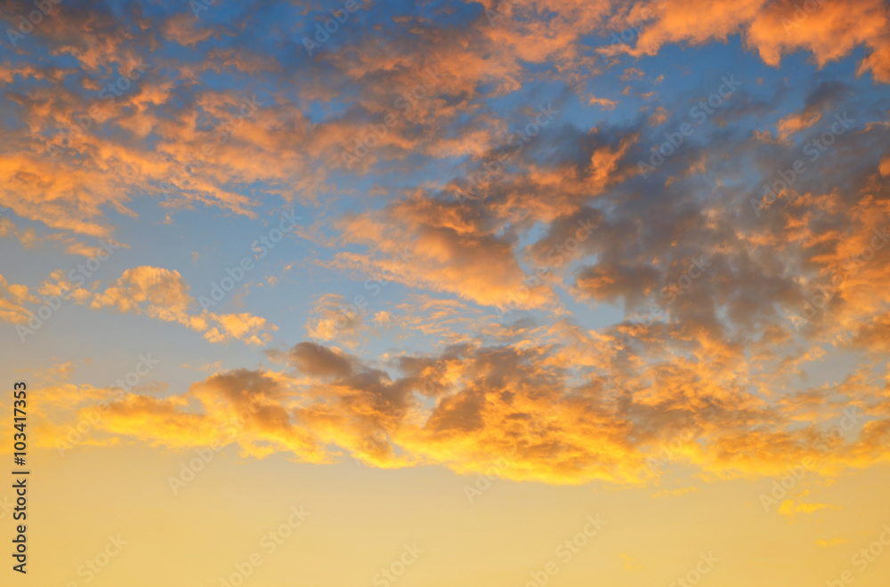 Colorful sky with clouds at sunset. Nature background.