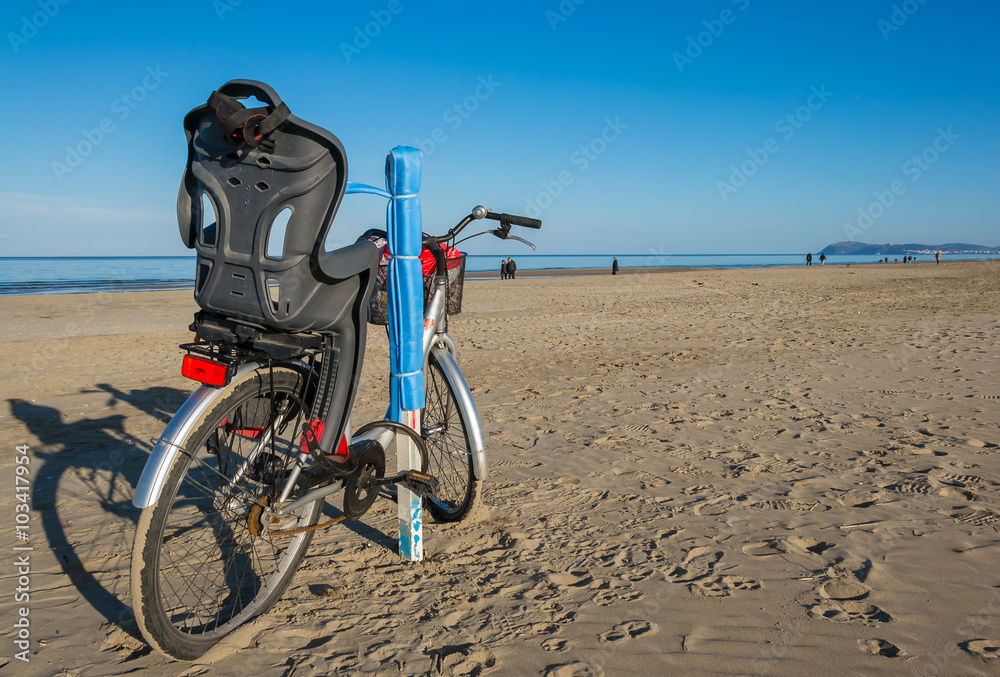 Fototapeta premium spiaggia in inverno con bicicletta