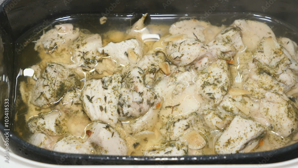 Chicken pieces of meat cooked in a steamer