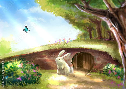 Illustration of cartoon cute white rabbit bunny is standing near the rabbit hole in beautiful garden with colorful flowers tree plants and morning sunshine nature landscape