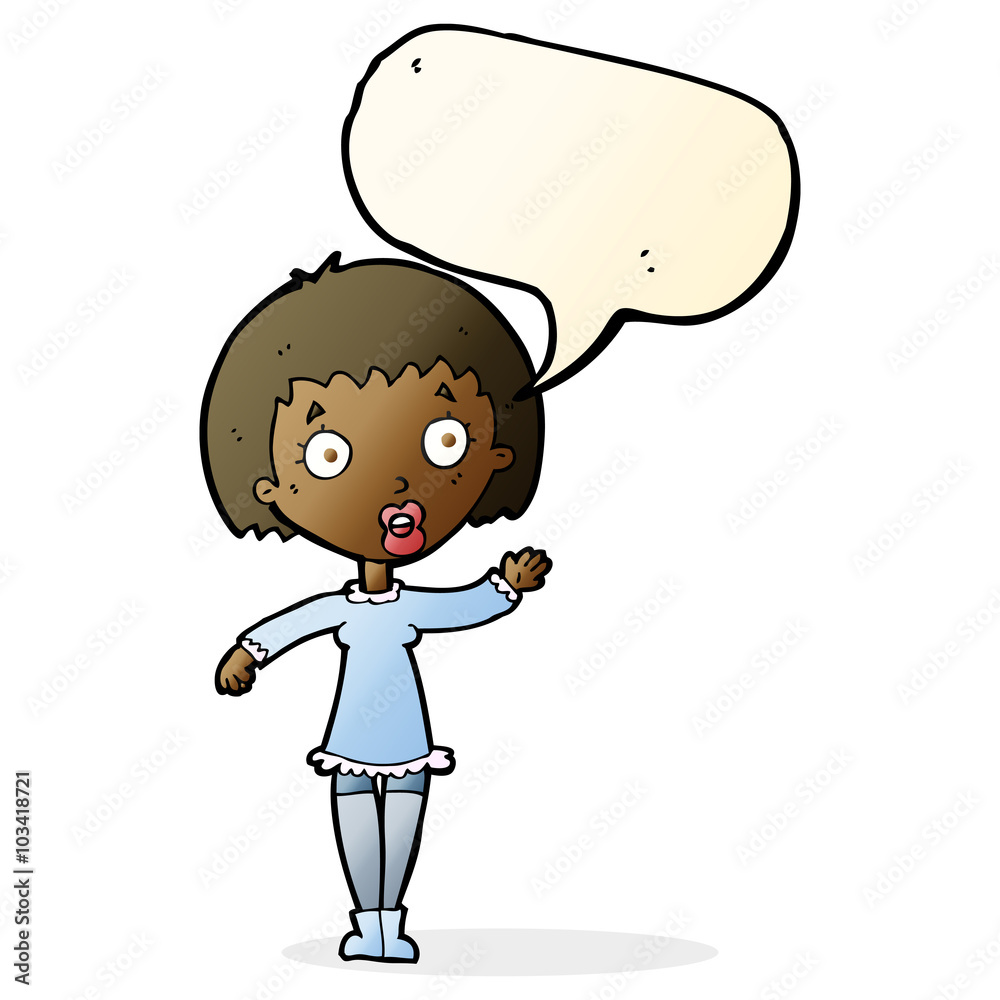 cartoon waving woman with speech bubble cartoon waving woman with speech bubble