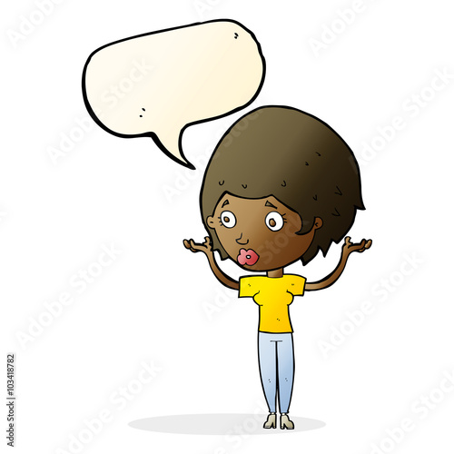 cartoon woman raising hands in air with speech bubble
