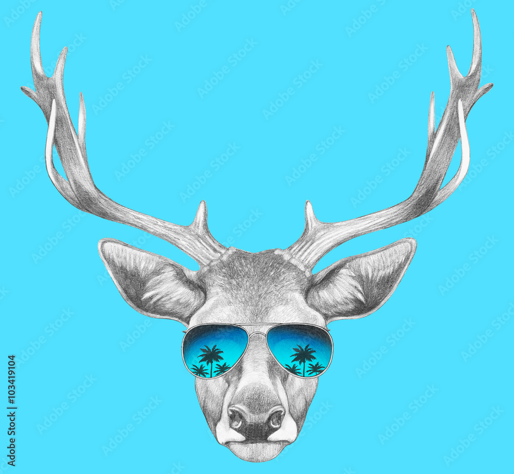 Fototapeta premium Portrait of Deer with mirror sunglasses. Hand drawn illustration.