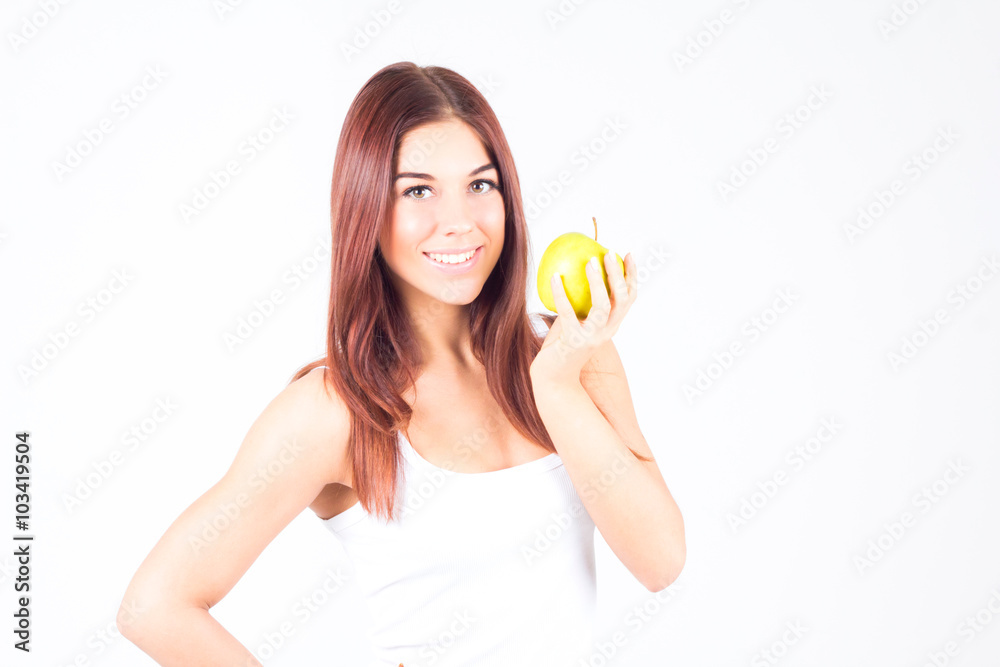Happy smilling woman holding an apple. Healthy lifestyle. Happy smilling woman holding an apple. Healthy lifestyle.