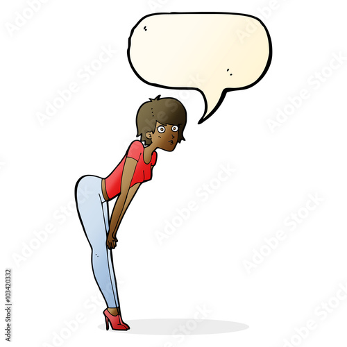 cartoon woman looking at something with speech bubble