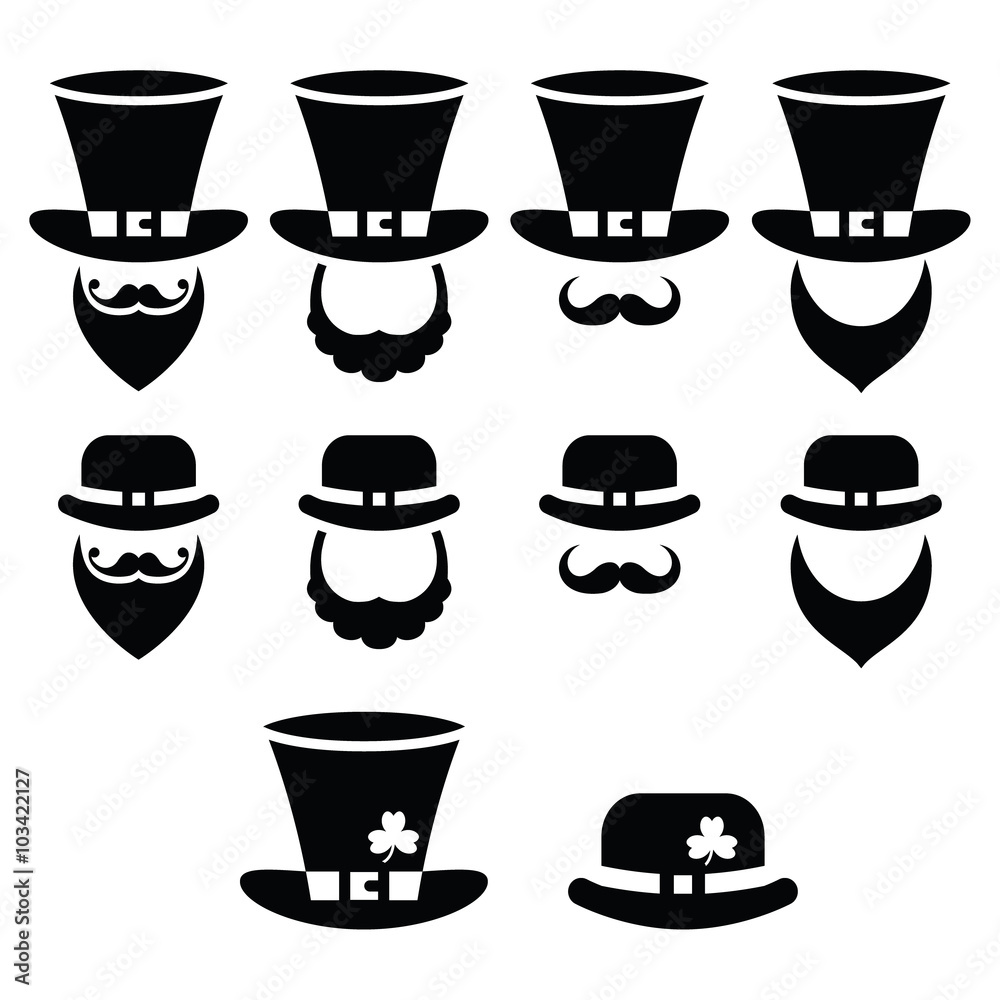 Leprechaun character for St Patrick's Day in Ireland - black icons set Leprechaun character for St Patrick's Day in Ireland - black icons set