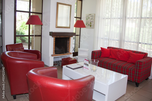 classic interiorof a linving room with a red sofa. photo