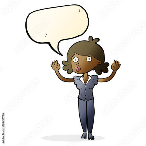 cartoon woman surrendering with speech bubble