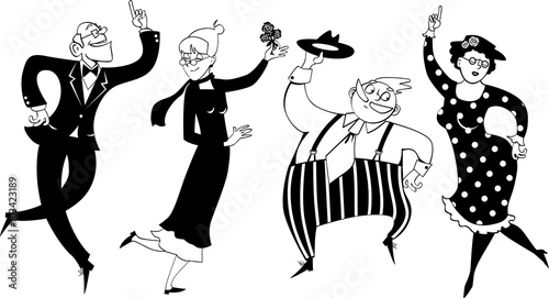 Two senior couples dancing swing or Big Apple, EPS 8 black vector line art, no white objects
