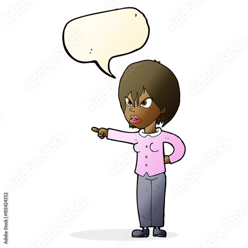 cartoon woman accusing with speech bubble