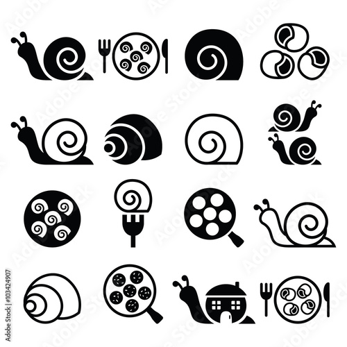 Snails, French snail meal - escargot icons set 
