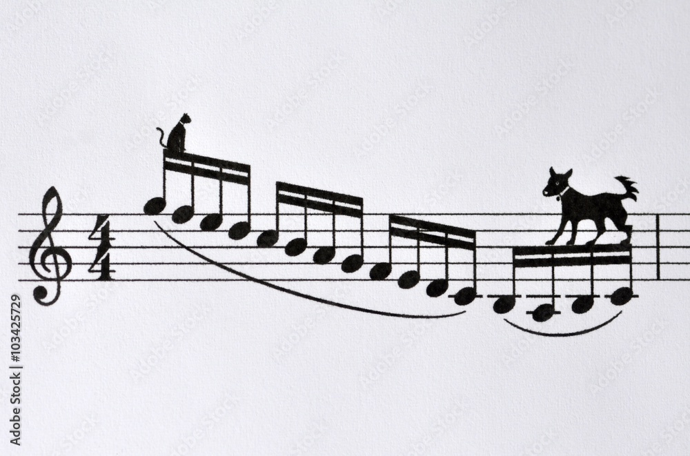 Silhouettes De Chien Et Chat Sur Une Partition De Musique Stock Photo Adobe Stock