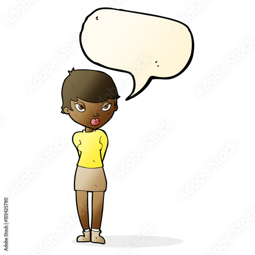 cartoon shy woman with speech bubble