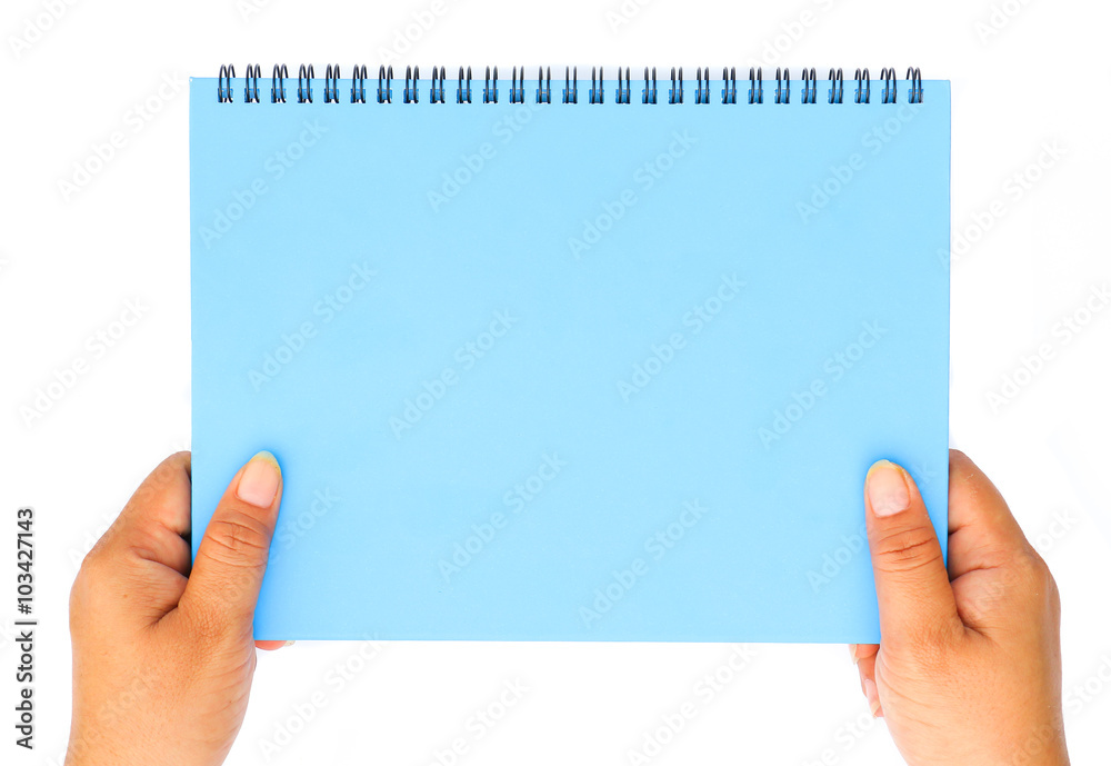 Obraz premium Woman hand holding blue blank paper isolated on white background.
